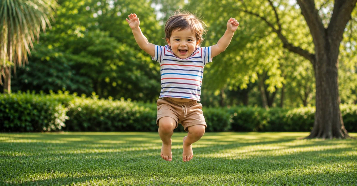 Toddler jumping with both feet off ground on grass - when do babies jump milestone