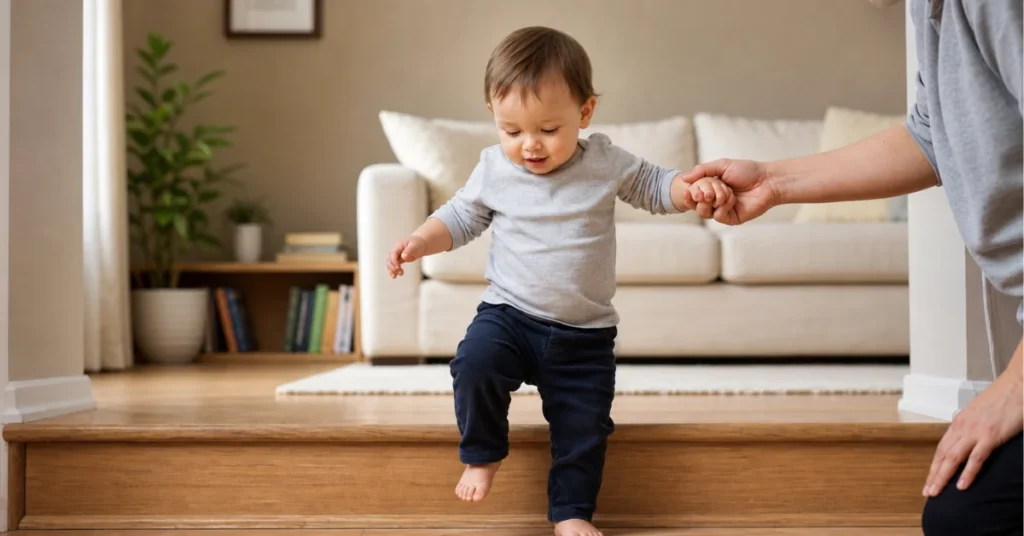 Toddler stepping off low step with parent support - when do babies jump milestone practice