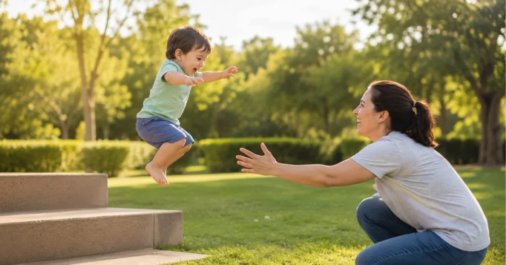 Barefoot toddler jumping off low step towards mother - when do babies jump milestone
