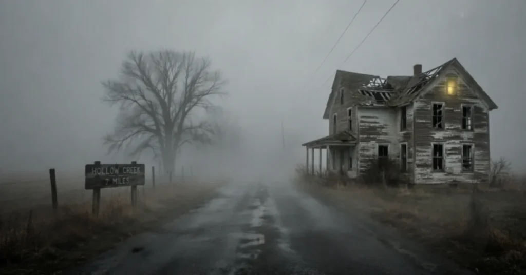 Abandoned farmhouse on foggy rural road symbolizing When Evil Lurks unresolved ending and ongoing evil
