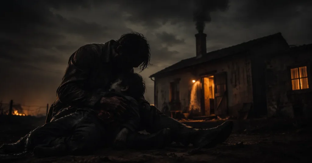 Pedro kneeling in grief holding his possessed son Jair outside farmhouse with smoke rising from chimney - When Evil Lurks ending