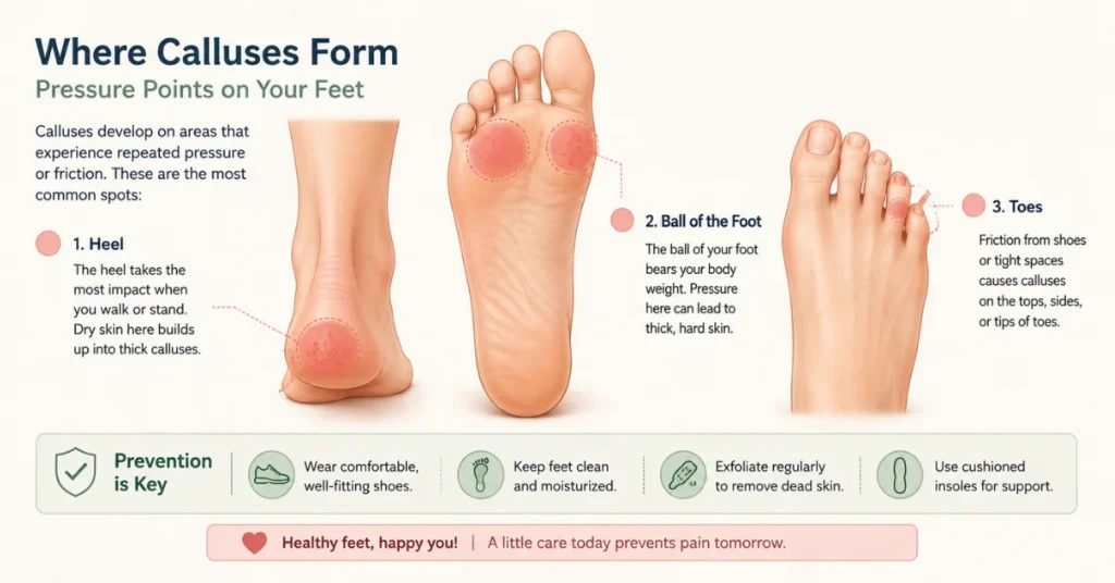 Infographic showing 3 common callus pressure points on feet: heel, ball of foot, and toes, with prevention tips for foot care