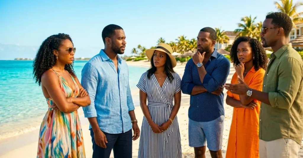 Why Did I Get Married Too Bahamas beach retreat scene with cast members at tropical resort
