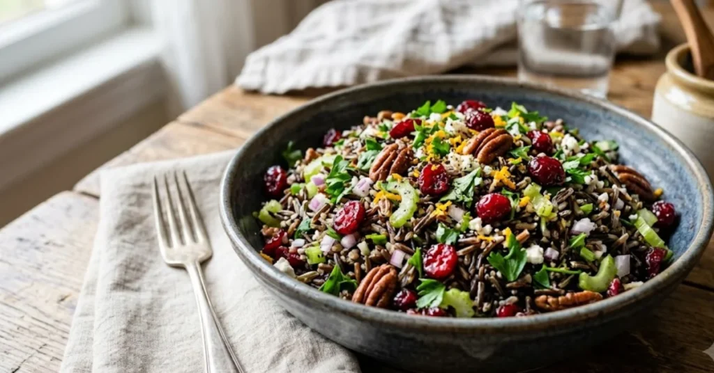 A close-up photograph of a hearty wild rice salad in a ceramic bowl on a wooden table, featuring pecans, cranberries, and fresh parsley, with a fork and a glass of water nearby.