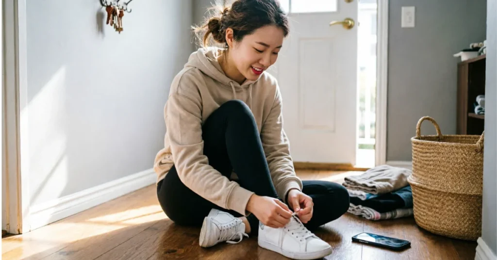 Smiling woman in casual hoodie sitting on floor tying white sneakers in messy entryway, determined and hopeful expression, building habits despite imperfect conditions, realistic morning routine