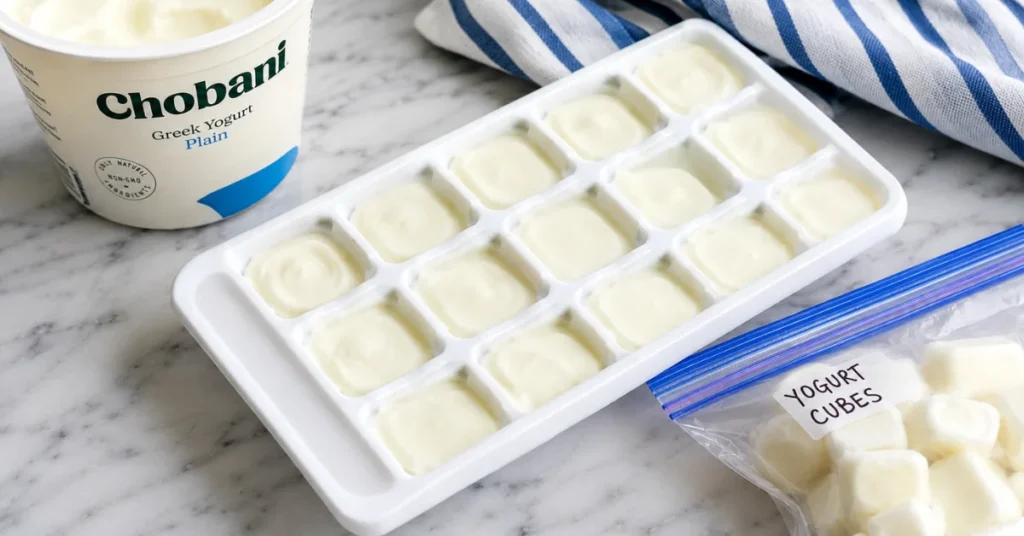 Frozen yogurt portions in an ice cube tray with a yogurt tub and freezer bag.