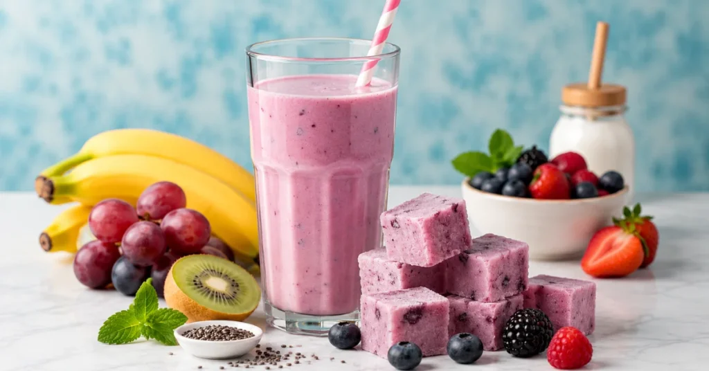 Fresh pink berry smoothie with frozen yogurt cubes, bananas, grapes, kiwi, and mixed berries on a marble countertop.