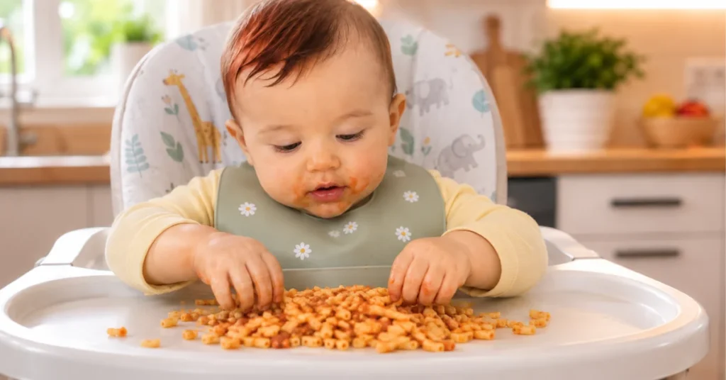 Can 9 month old eat spaghetti safely, baby self-feeding pasta