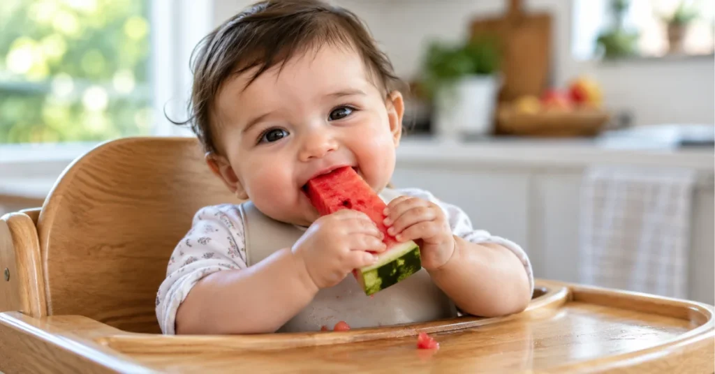 9 month old baby eating watermelon stick in wooden highchair