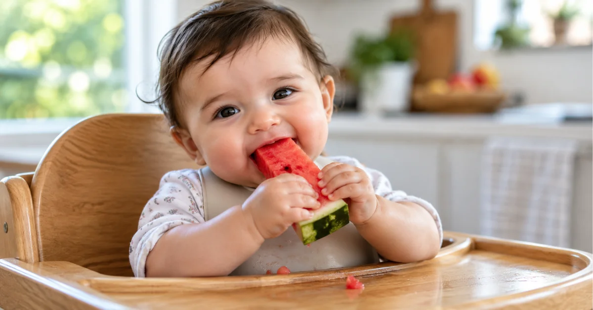 9 month old baby eating watermelon stick in wooden highchair