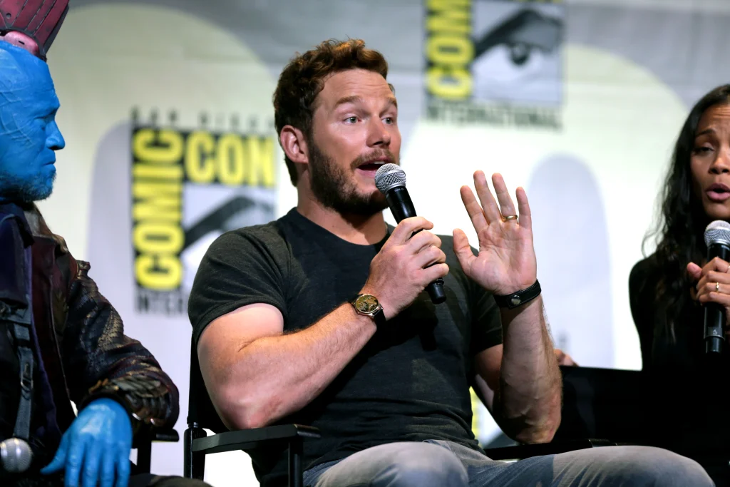 Chris Pratt speaking at Comic-Con panel promoting Guardians of the Galaxy Marvel franchise
