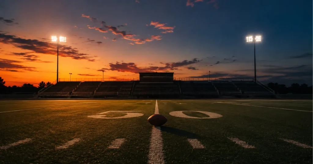 Empty football field at sunset, All American Season 8 finale
