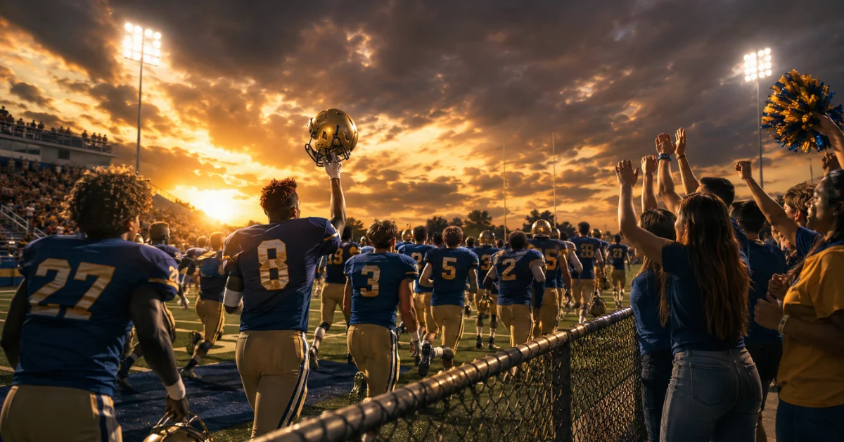High school football team walking onto field at sunset, All American Season 8