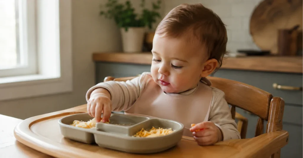 9 month old baby self-feeding shredded cheese in highchair