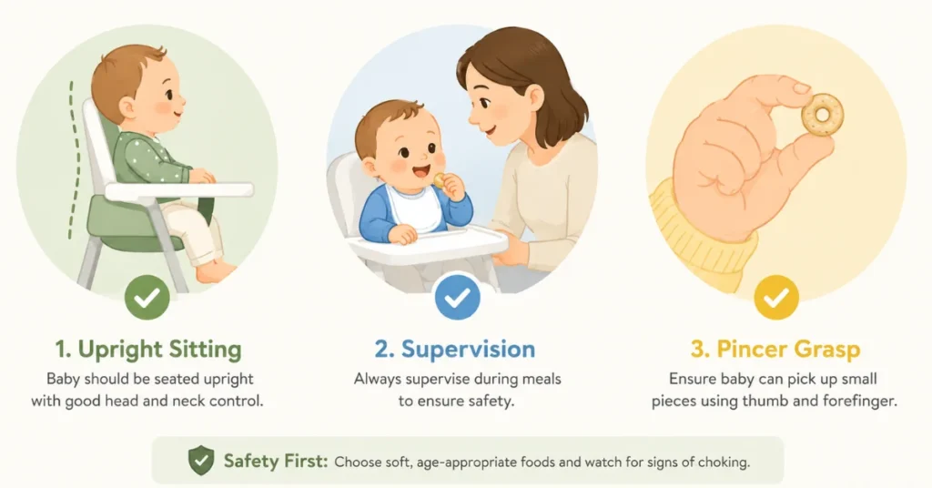 Baby feeding readiness checklist: sitting, supervision, pincer grasp