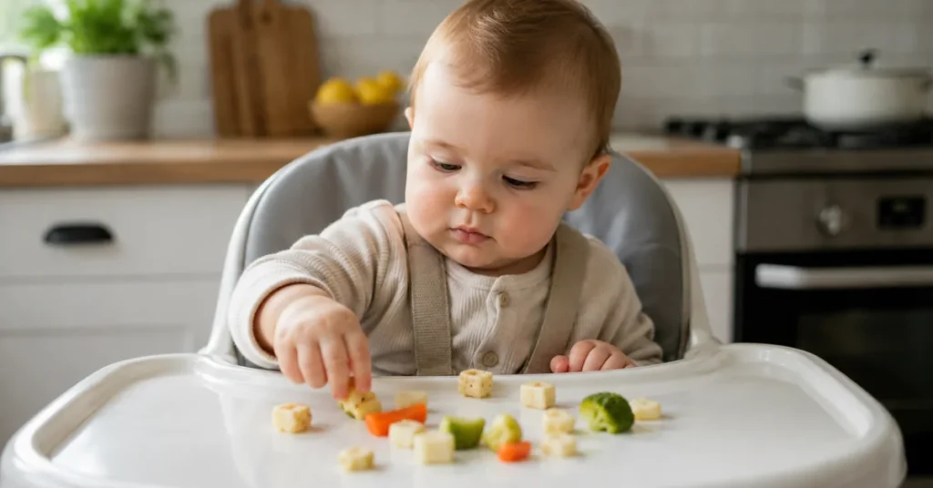 Baby self-feeding finger foods on highchair tray