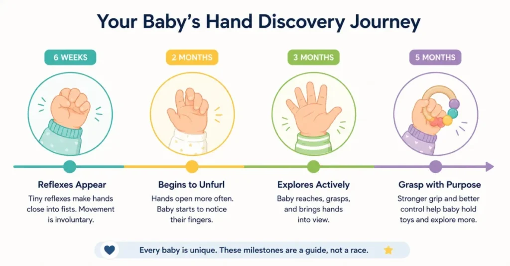 Infographic timeline of baby hand discovery from 6 weeks to 5 months