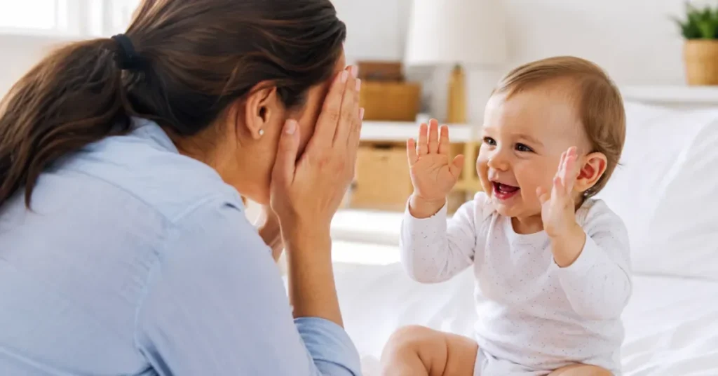 Baby raising both hands during peekaboo game while mom covers eyes