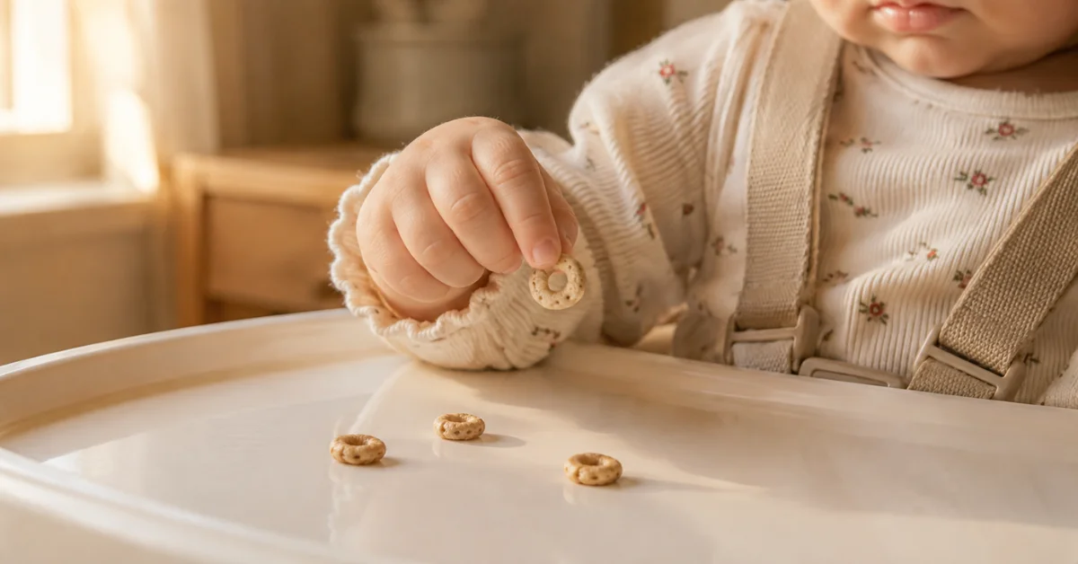 9 month old baby self-feeding Cheerios in highchair seat