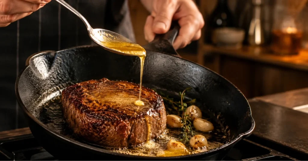 Chef spooning butter, garlic, and thyme over a steak in a cast iron skillet