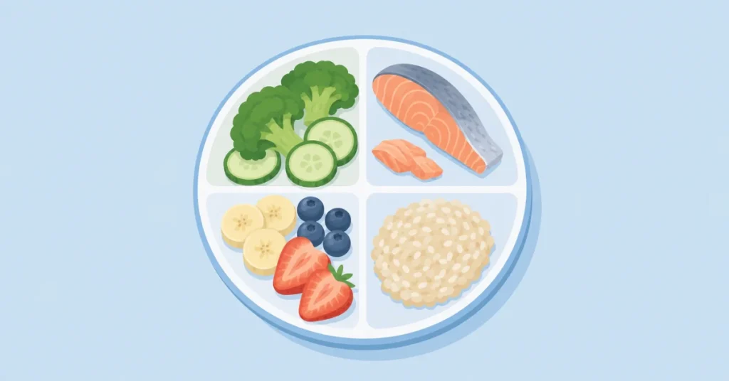 Can 9 Month Old Eat Salmon - balanced baby plate with fish, veggies, fruit, grains