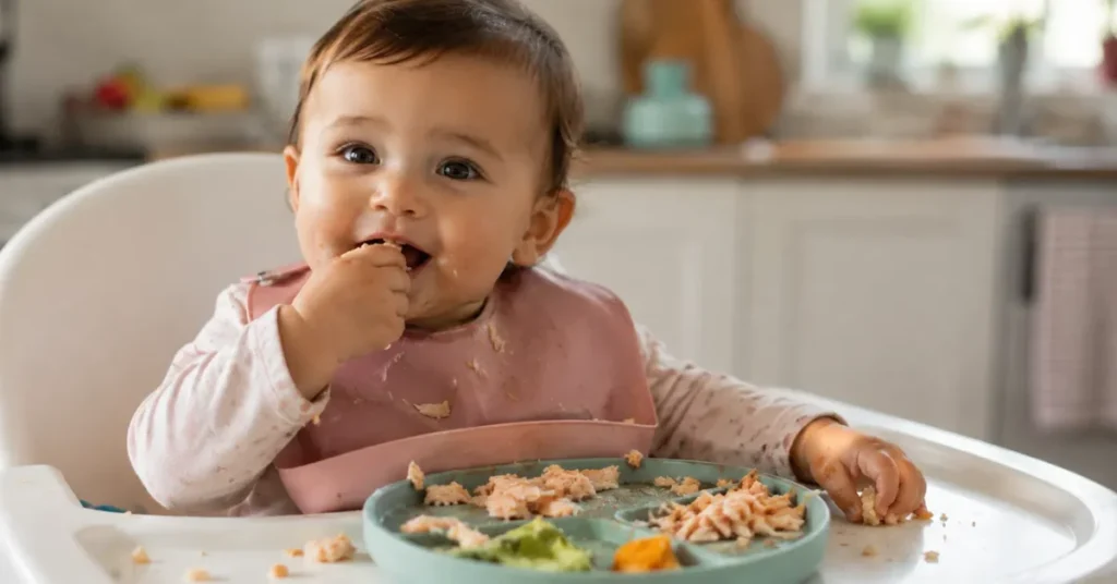 Can 9 Month Old Eat Salmon - baby self-feeding flaked salmon