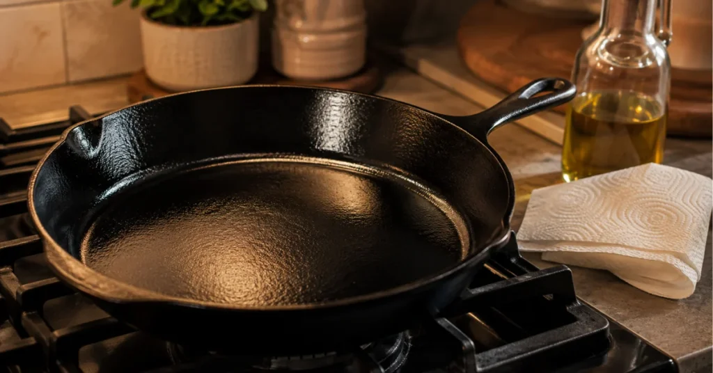 Well-seasoned cast iron skillet sitting on the stovetop, ready for the next steak