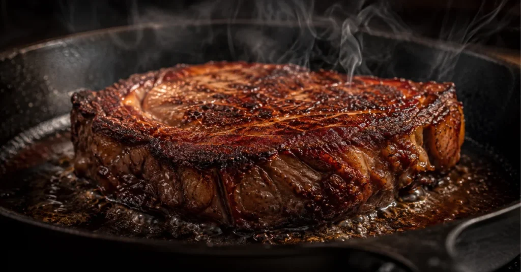 Thick steak with deep brown crust searing in a smoking cast iron skillet