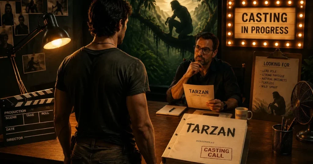 Casting Tarzan audition with director reviewing screenplay