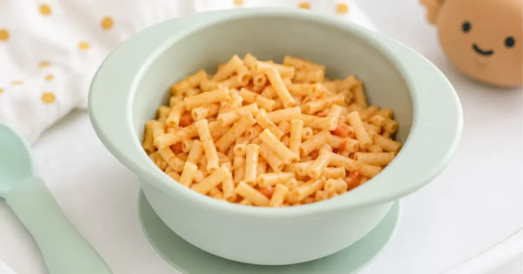 Short soft-cooked pasta pieces sized for 9 month old