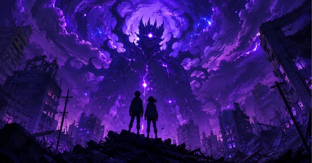 Dandadan season 3 key art — silhouetted duo facing a giant kaiju in a purple storm sky