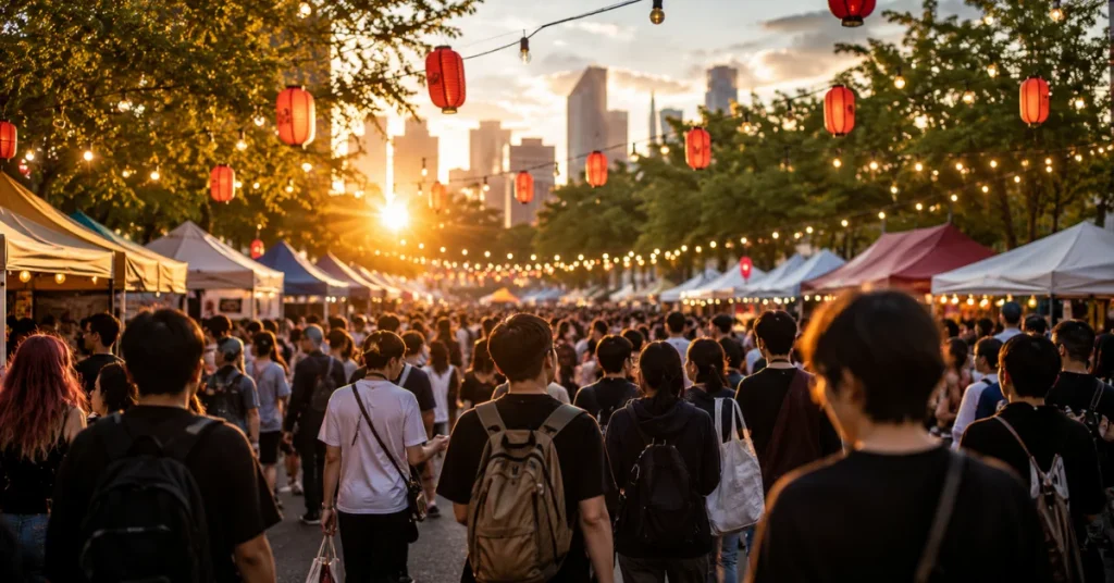 Anime fans gather at an evening street festival ahead of Dandadan season 3