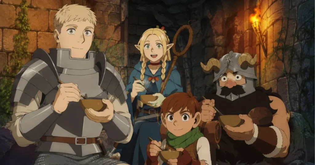 Laios, Marcille, Senshi and Chilchuck eating together in Delicious in Dungeon season 1