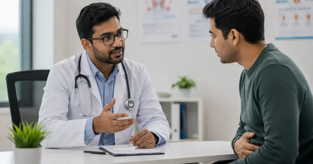 Doctor consulting patient about ongoing stomach pain