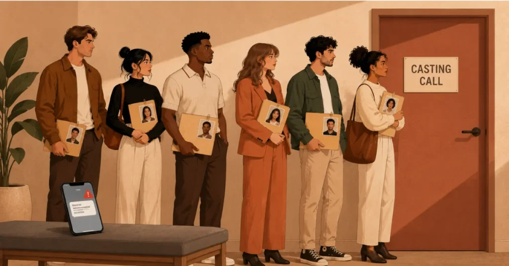 Actors holding headshots waiting at an empire casting call