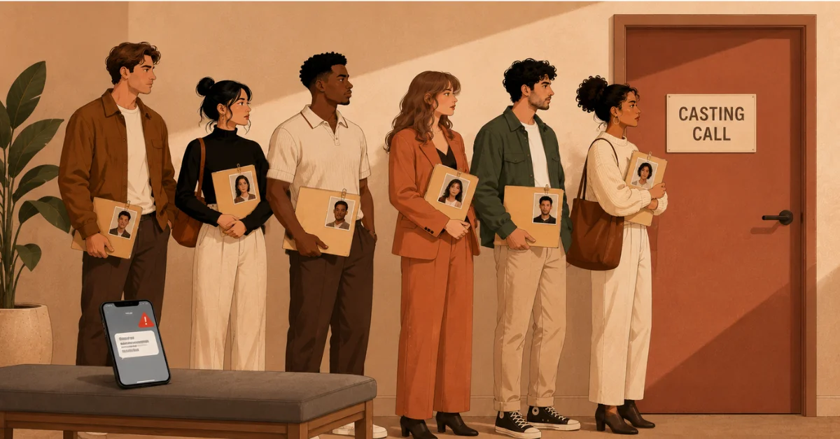 Actors holding headshots waiting at an empire casting call