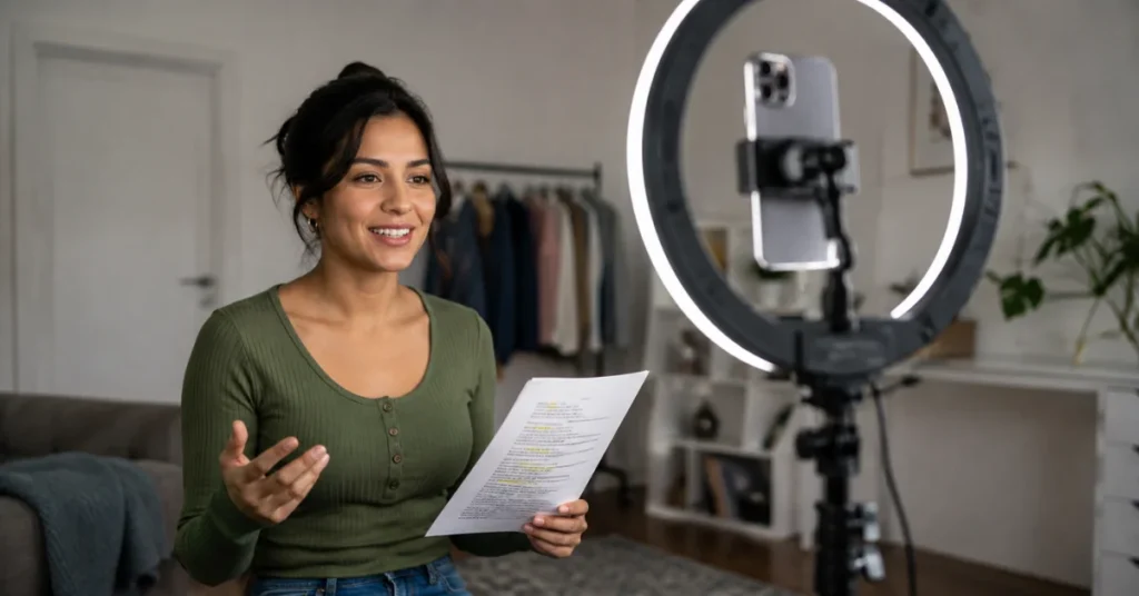 Actress recording a self-tape audition at home with ring light and phone