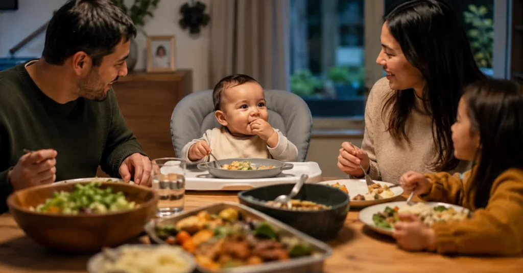 What to feed 9 month old baby — eating family meals together at the table