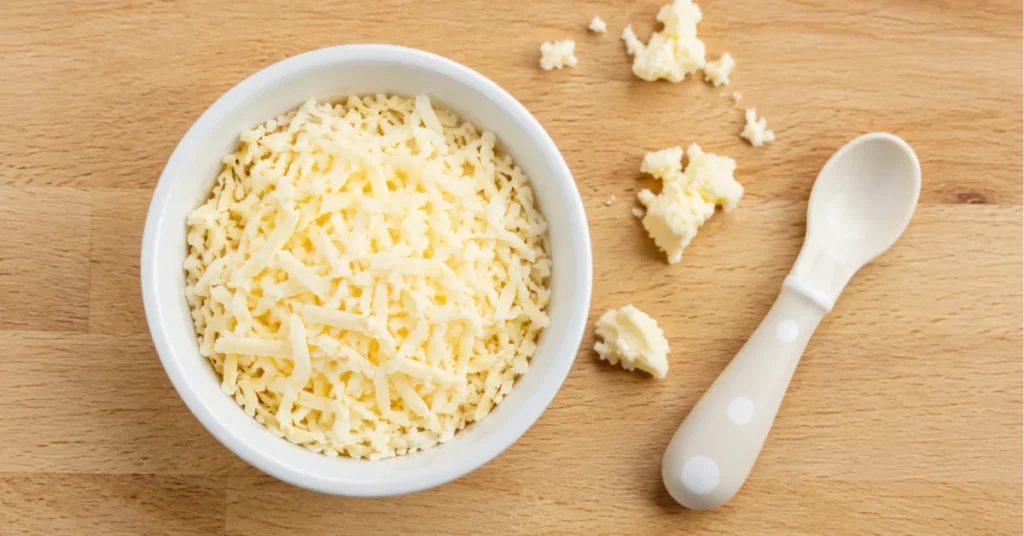 Bowl of grated cheese with baby spoon for safe feeding