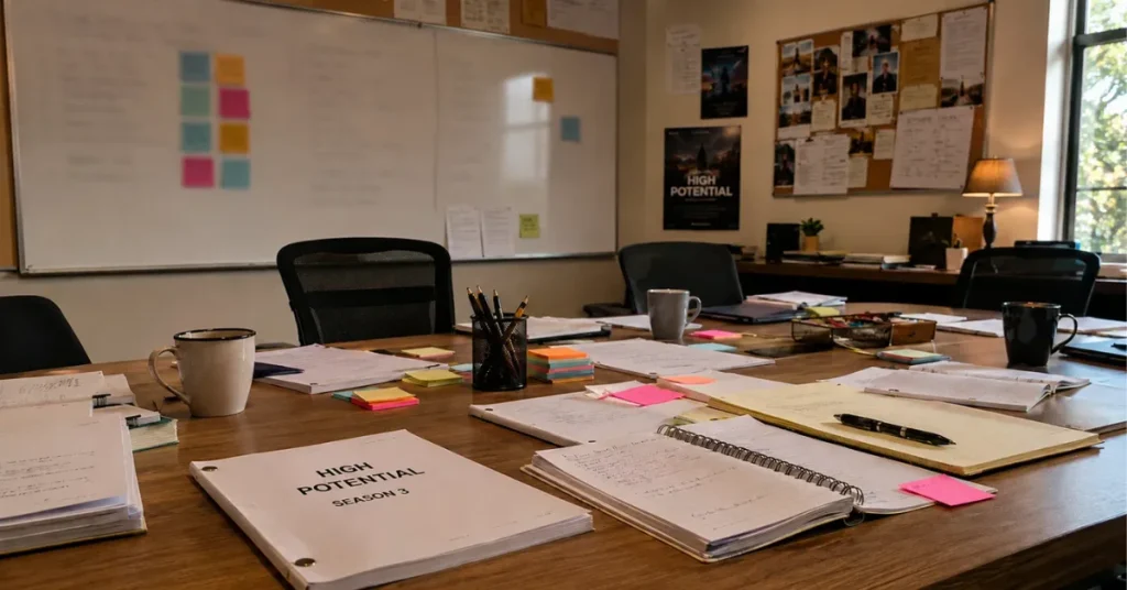 High Potential Season 3 script and writers' room table