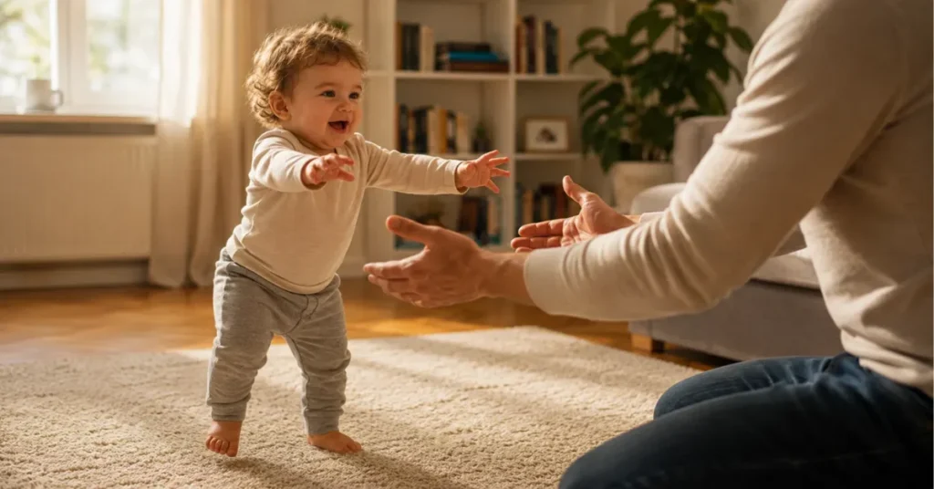 How old is a toddler when they take their first steps toward a parent