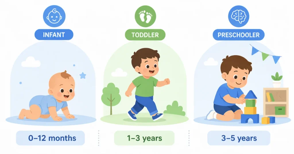How old is a toddler compared to an infant and preschooler