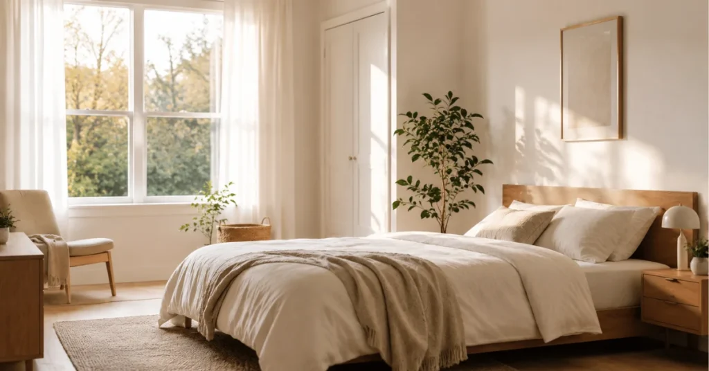 How to live with less stuff — calm minimalist bedroom with natural light