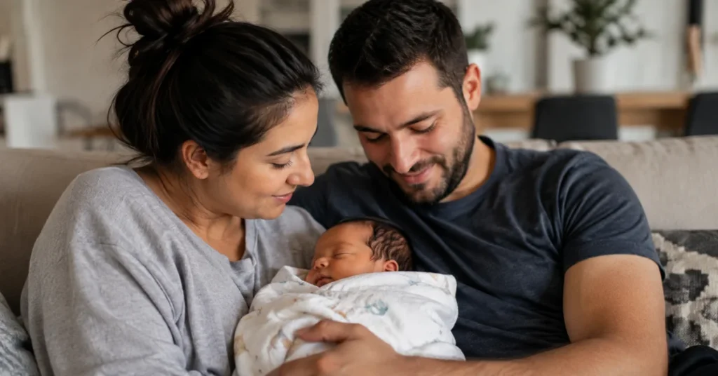 Parents holding newborn after saving for baby in 9 months