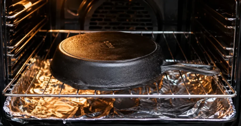 How to season iron cast skillet upside down in the oven