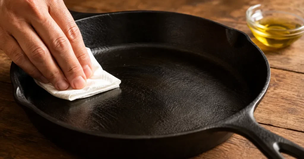 How to season iron cast skillet by rubbing in a thin oil layer