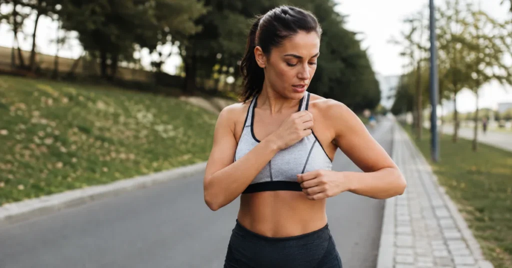 Runner adjusting sports bra showing friction cause of nipple pain during exercise