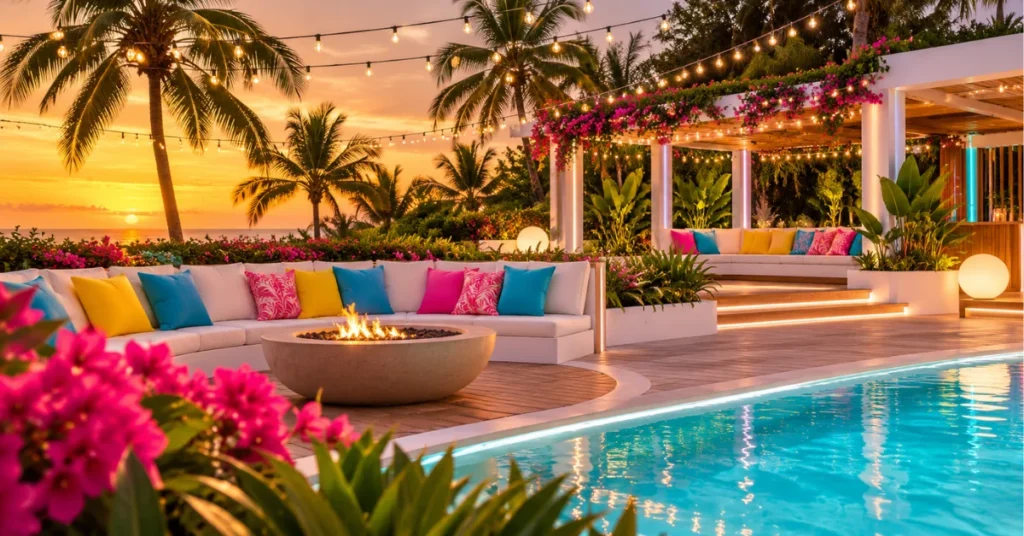 Love Island Season 7 Episode 1 villa lounge with fire pit and colorful pillows at sunset