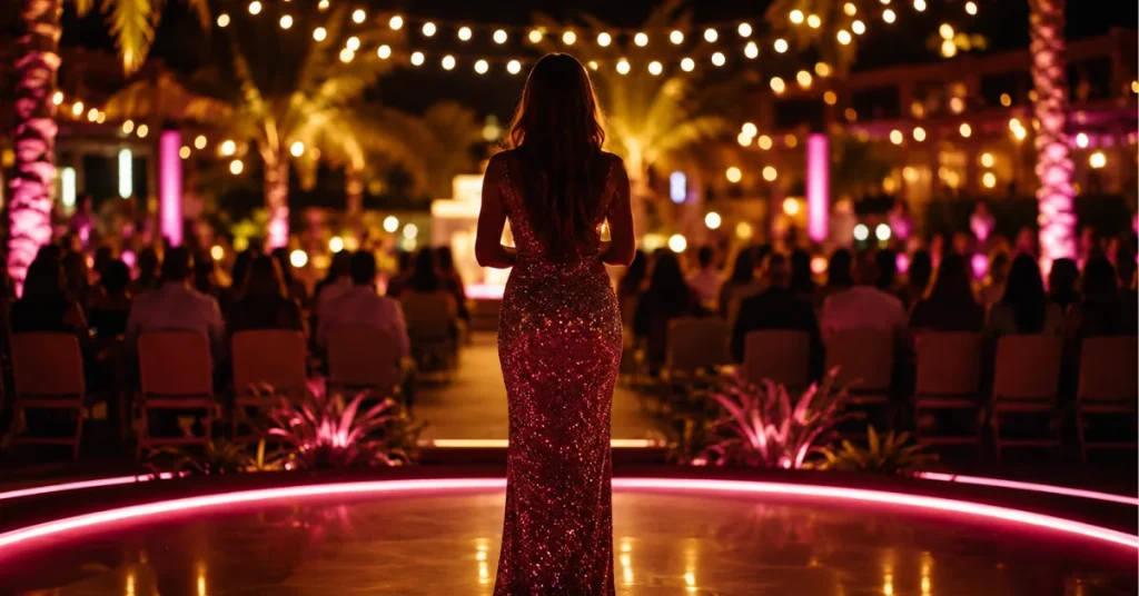 Love Island Season 7 Episode 1 host addressing Islanders on the villa stage at night