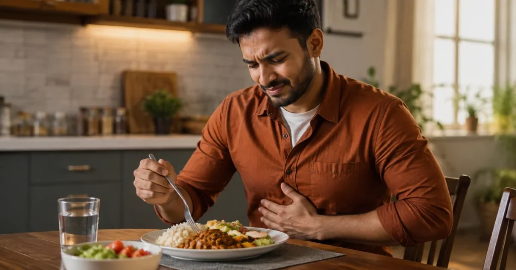 Man pausing mid-meal with hand on stomach in pain